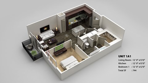 Floor plan for 1 bed, 1 bath, 744 sqft